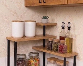 Estantería de metal y madera para encimera de cocina, organizador de especias, estante rústico, estante de 3 niveles