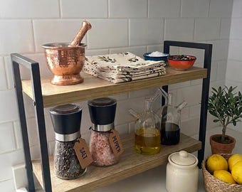 Estante moderno para encimera de cocina, organizador de 2 niveles de madera y metal para platos, tazas y jarros de café, estante que ahorra espacio.