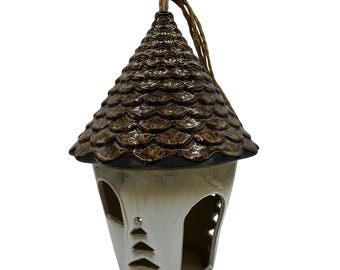 Whimsical Ceramic Fairy House Lantern Tall Candle Holder Cottagecore Decor 12&quot;