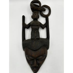 Vintage African Tribal Hand Carved Wood Wall Mask Sculpture Unique Dark Brown