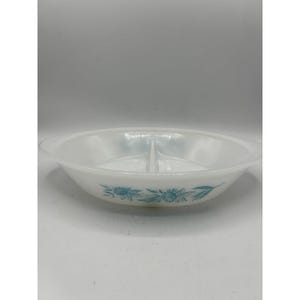 Vintage Pyrex Divided Dish Milk Glass 1960s Glasbake Blue Thistle Oval Casserole
