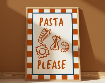 May include: A white framed print with a red and white checked border. The print features the text "PASTA PLEASE" in orange with a variety of pasta shapes in orange.