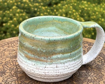 Hand Thrown Ceramic Ripple Mug - Green Glaze, 12 oz