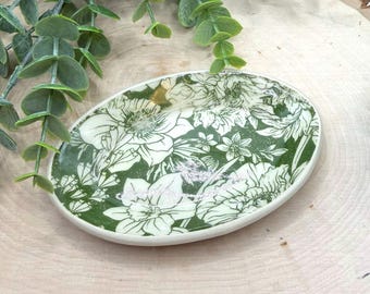 Green Floral Ceramic Trinket Dish