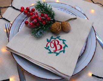Set med 6 personliga julservetter i linne: Broderad monogram bordsdekoration