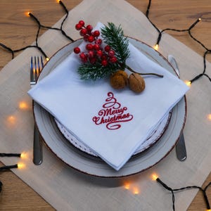 Set of 6 Linen Christmas Napkins: Embroidered Christmas Tree Table Decor