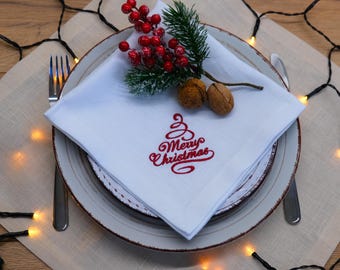 Set of 6 Linen Christmas Napkins: Embroidered Christmas Tree Table Decor