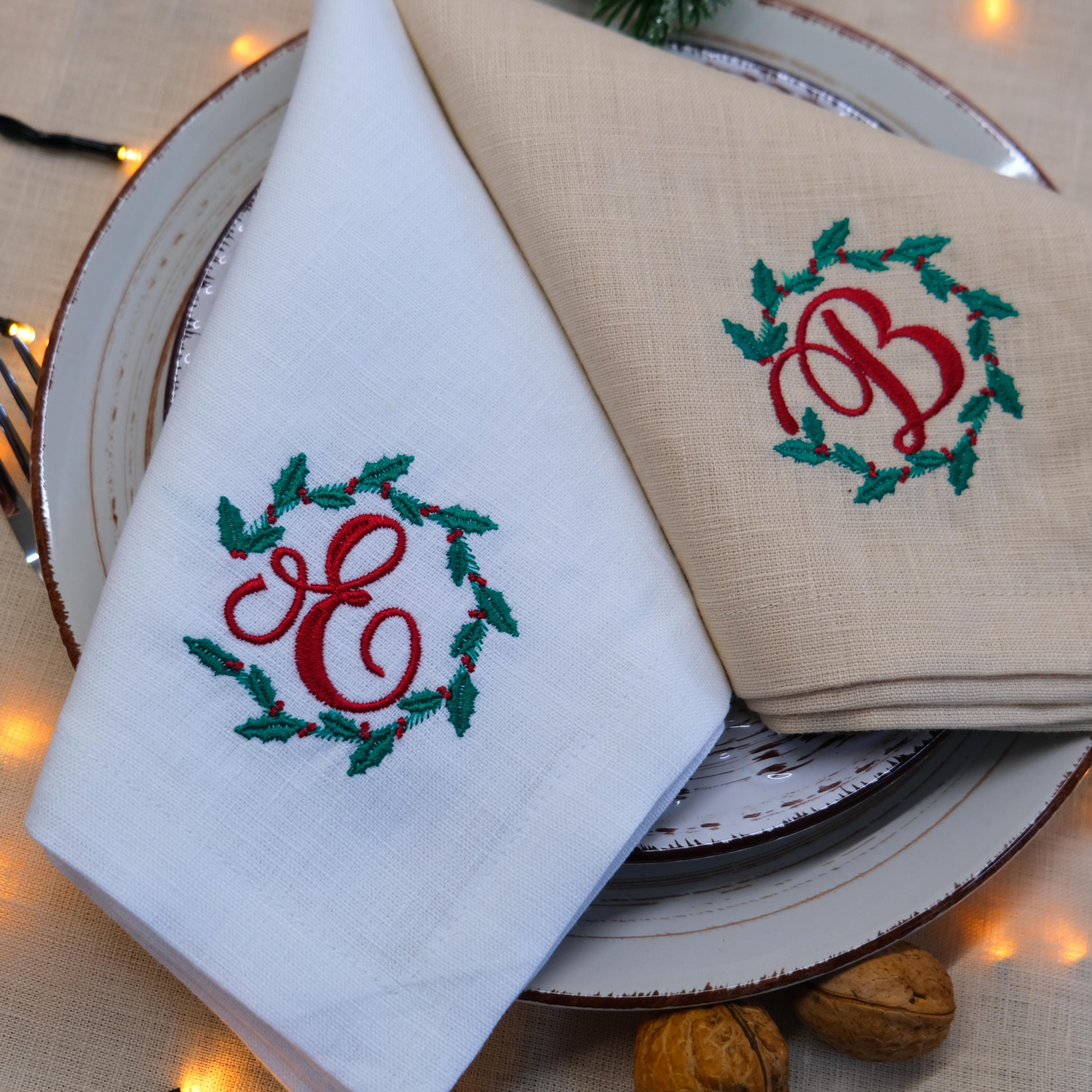 パーソナライズされたクリスマスリネンナプキン6枚セット：刺繍