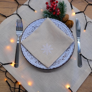 Linen Christmas Napkins: Snowflake Cross-Stitch Embroidered, Set of 6