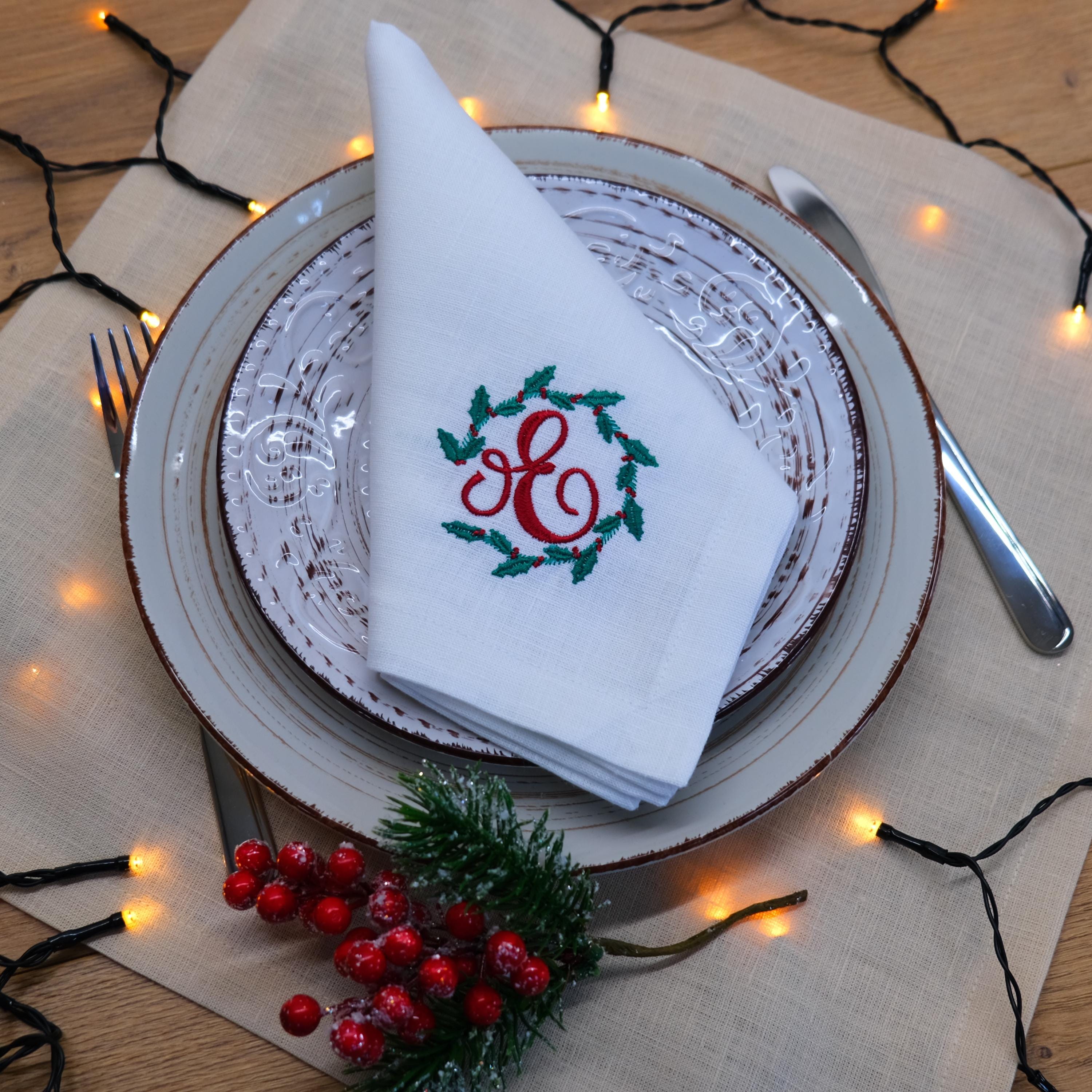 パーソナライズされたクリスマスリネンナプキン6枚セット：刺繍