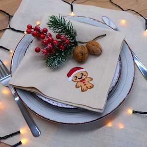 Embroidered Christmas Linen Napkins (Set of 6): Gingerbread Table Decor