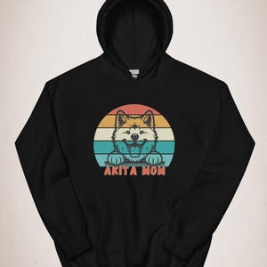 Retro Akita Mom Hoodie, Retro Sunset Design, Peeking Akita Hoodie, Akita Mom Gift, Dog Lover Apparel, Cute Cartoon Smiling Akita - 6 Colors
