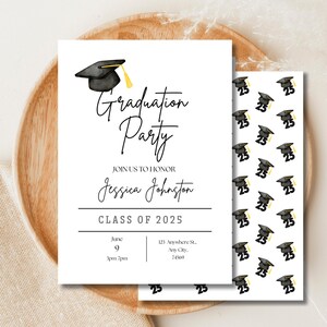 Invitación editable para fiesta de graduación (clase de 2025), diseño moderno en blanco y negro, tarjeta de anuncio minimalista para fiesta de graduación.