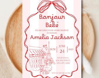 May include: A baby shower invitation with a pink and white striped background. The invitation features red line art of the Eiffel Tower, a cafe, and the words "Bonjour Bébé" and "Amelia Jackson". The date is June 24, 2025.