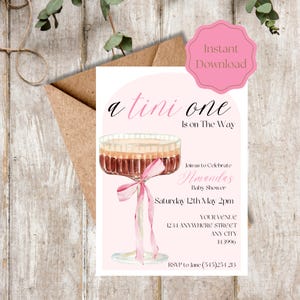 Editable A Tini One is  on The Way Baby Shower Invitation Espresso Martini Baby Shower Invite Baby Girl Shower Pink theme Baby Shower