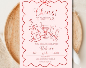 40th Birthday Invitation: Pink & Red Sketch, Champagne (Editable Digital Download)