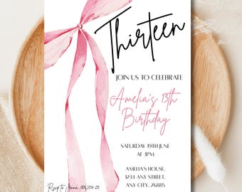 Editable 13th Birthday Invitation: Pink Bow Coquette Theme (Digital Download)