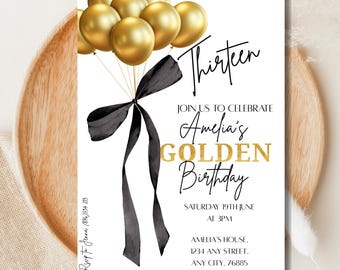 Coquette 13th Birthday Invitation: Black Bow, Gold Theme (Digital Download)