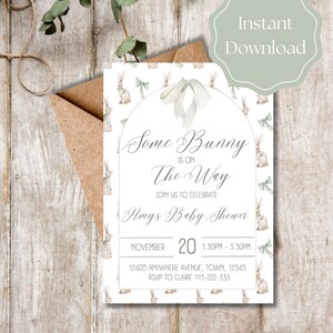 Bewerkbaar Een konijn is onderweg Uitnodiging voor babyshower - neutraal lentethema direct downloaden afbeelding 2