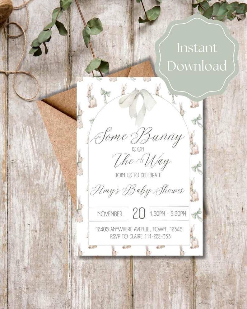 Bewerkbaar Een konijn is onderweg Uitnodiging voor babyshower - neutraal lentethema direct downloaden afbeelding 2