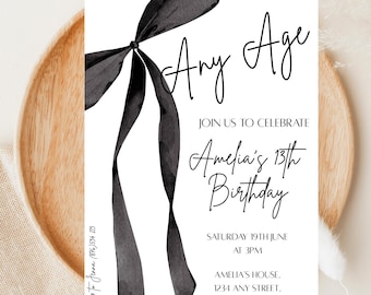 Convite de aniversário minimalista e elegante | Design de laço preto | Download digital para qualquer idade