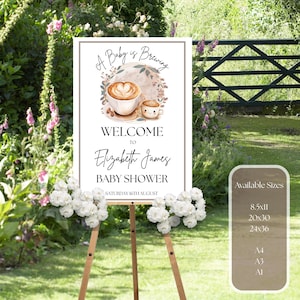 Um bebê está se formando Placa de boas-vindas Chá de bebê com café Chá de bebê neutro Cartaz editável para chá de bebê Download instantâneo Modelo Canva Placa de chá de bebê