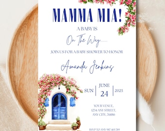 Bewerkbare Mamma Mia-babyshoweruitnodiging: Grieks thema (digitale download)
