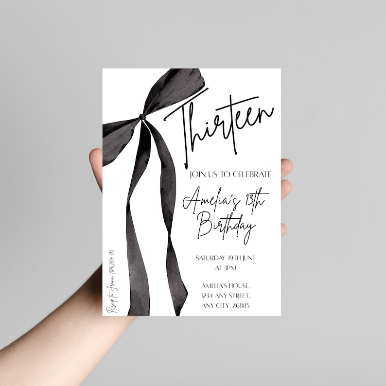 May include: A white invitation card with a black watercolor bow and the word "Thirteen" in elegant script. The card announces Amelia's 13th birthday celebration, including the date, time, and location.
