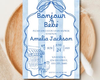 Bonjour Bébé Baby Shower Invitation: Blue White Minimalist (Digital Download)