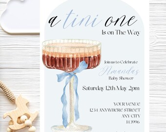 Uitnodiging babyshower espresso martini: blauw lint, bewerkbare sjabloon (digitale download)