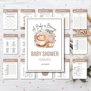 Pacchetto di giochi per baby shower "Baby is Brewing", giochi per baby shower neutri, carte e giochi stampabili per baby bingo, baby shower al caffè