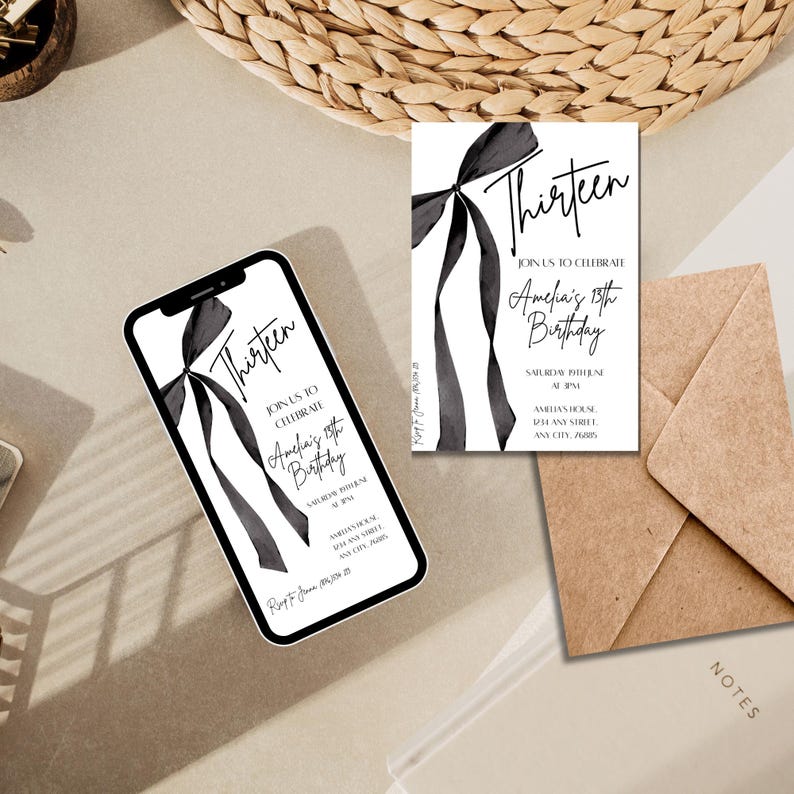 May include: A birthday invitation with the word "Thirteen" in elegant script, featuring a black bow design. The invitation includes details for Amelia's 13th birthday celebration. A smartphone displays the same invitation design.