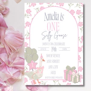 Editable One Silly Goose 1st Birthday Invitation Silly Goose Theme First Birthday Girls 1st Birthday Party Invitation 1 Silly Goose Pink