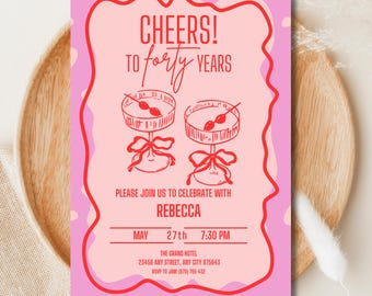40th Birthday Invitation: Pink & Red Sketch, Cocktails Party (Digital Download)