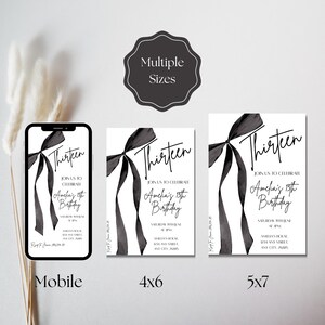 May include: Black and white birthday invitation design with the word "Thirteen" in script. The invitation includes the text "Join us to celebrate Amelia's 13th Birthday" and event details. Available in multiple sizes, including mobile, 4x6, and 5x7.