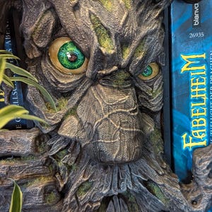 Könnte beinhalten: Ein grüner und brauner baumartiger Buchstütze mit einem Gesicht und zwei großen grünen Augen. Der Buchstütze hält ein blaues Buch mit dem Titel "Fabelheim" und dem Text "DIE ZIEHE DER DRACHEN".