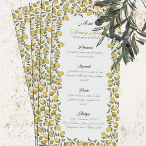 Plantilla de menú de boda de limones hechos en acuarela, decoración de mesa