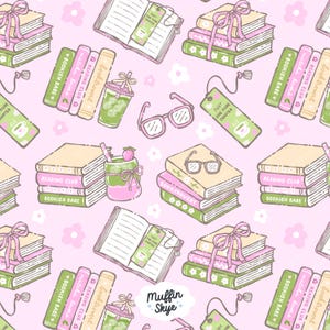 Puede incluir: Un patrón repetitivo sobre un fondo rosa claro con pilas de libros, libros abiertos con marcapáginas que dicen "JUST ONE MORE CHAPTER", bebidas verdes heladas con fresas y gafas rosas. El texto "Muffin Skye" aparece en la parte inferior.