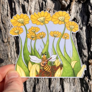 Adesivo de guitarra de abelha fofa - Decalque de vinil à prova d'água floral caprichoso - Laptop ou garrafa de água - Amante da natureza, garota da granola e presente de jardineiro