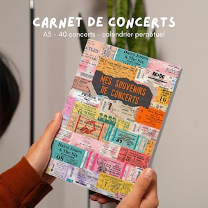 Peut inclure: Un carnet de concert A5 coloré avec un collage de billets de concert vintage. La couverture présente le texte "Mes Souvenirs de Concerts" et le titre "CARNET DE CONCERTS".