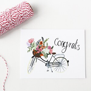 Greeting Card Bike Congrats Basket of Florals Foliage Congratulations Note Card Greeting Friendship image 1