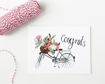 Greeting Card - Bike - Congrats - Basket of Florals - Foliage - Congratulations - Note - Card - Greeting - Friendship