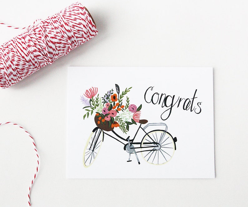 Greeting Card Bike Congrats Basket of Florals Foliage Congratulations Note Card Greeting Friendship image 1