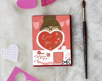 Love You - Girl - Handmade Valentines - Hand painted - Gouache - Red - Pink - Hearts