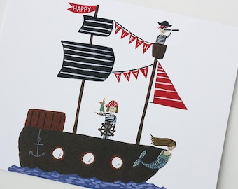 HAPPY BIRTHDAY - Pirates on a ship - Birthday card - Party - Kids Birthday - Fun Card - Boys - Girls