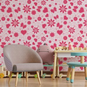 Valentine Heart Flower Peel and Stick Wallpaper | Seamless Romantic Butterfly Wall Mural | Cute Girl Bedroom Nursery Removable Wallpaper