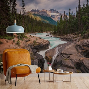 Scenic Green Forest Peel and Stick Wallpaper Mural – Lush Nature River & Rock Landscape Wall Décor – Tranquil Removable Forest Wall Mural