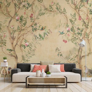 Beige Green Botanical Peel and Stick Wallpaper – Elegant Tree & Bird Floral Wall Mural for Calm, Serene Home Decor, Removable Wall Covering