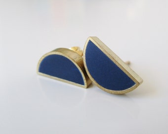 navy blue brass half moon stud earrings