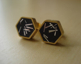 black with silver glitter sprinkles - mini brass hexagon stud earrings